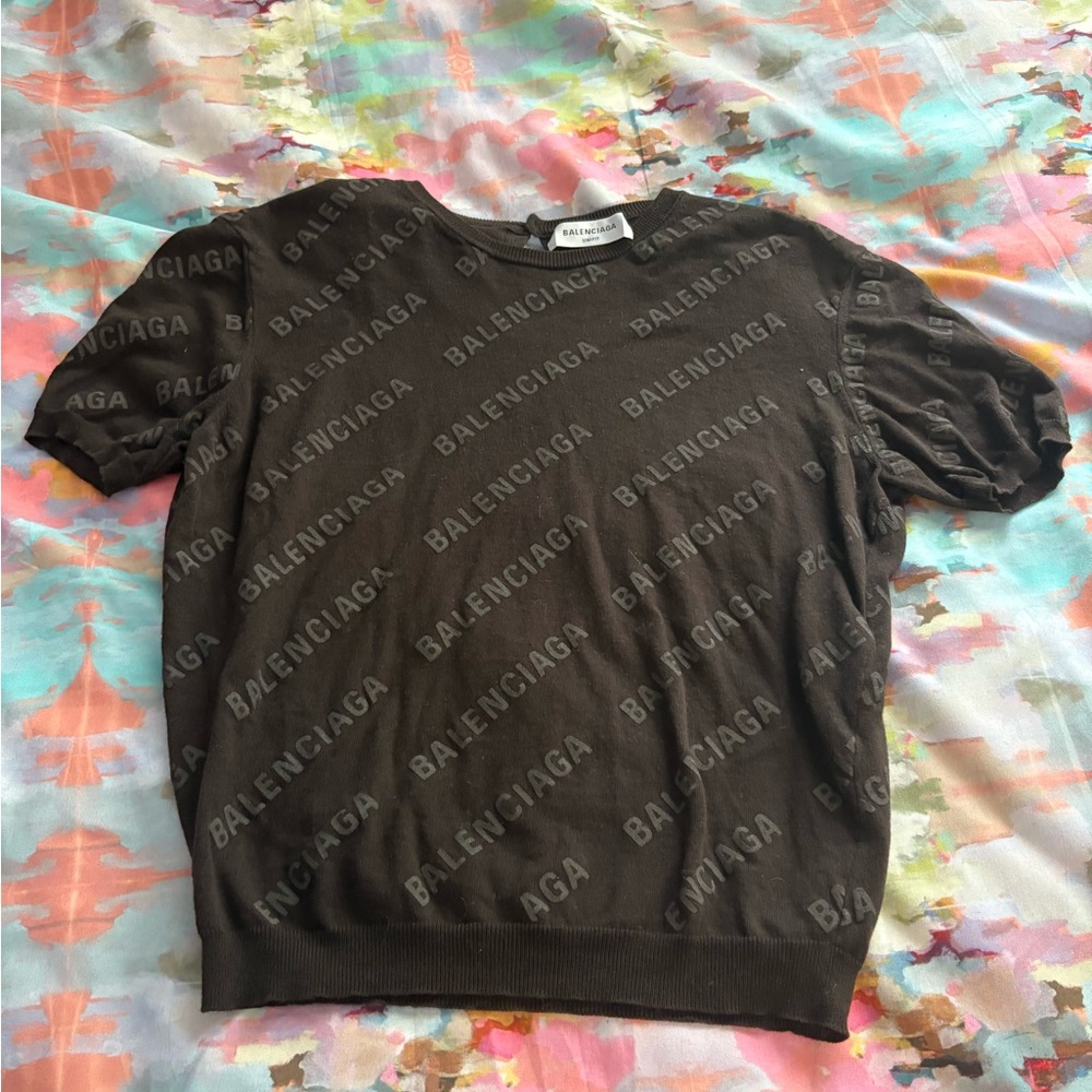 Balenciaga Mini Allover Logo Short Sleeve Crop Sweater